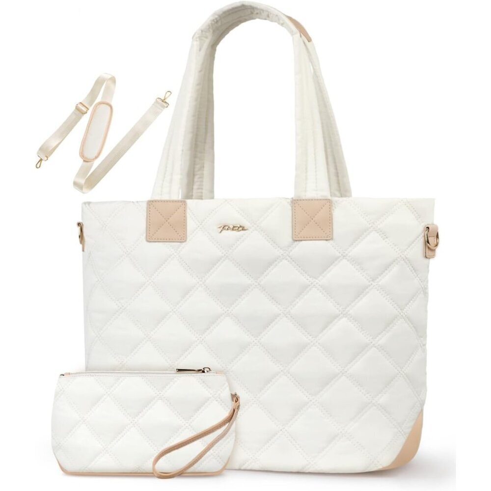 Prite Women Beige Polyester Compartment Quilted Puffer Shoulder Tote Work Bag